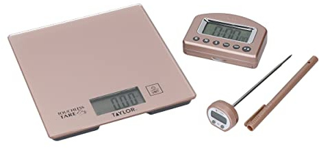 Taylor Pro 3-Piece Kitchen Measuring Set with Hygienic Digital Scales, Instant- Read Thermometer and Timer - Rose Gold