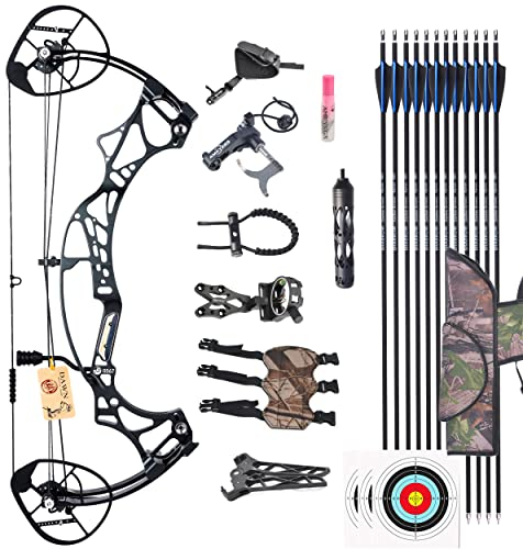 40-70 lbs Compoundbogen Set für Erwachsene Bogenschießen Aluminium in Luftfahrtqualität 33 Zoll Sportbogen mit Komplettes Set an Zubehör und Carbonpfeilen 355 FPS Jagdbogen (Schwarz Set)