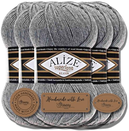 Hobby YARN 3x Etikettenlabel mit Alize Superlana Klasik Wolle Premium 5x100g als Set, Yarn, Garn, Strickgarn, Einfarbig, Baby, zum Häkeln, Stricken, Kleidung, Schals (Grey Melange - 21)