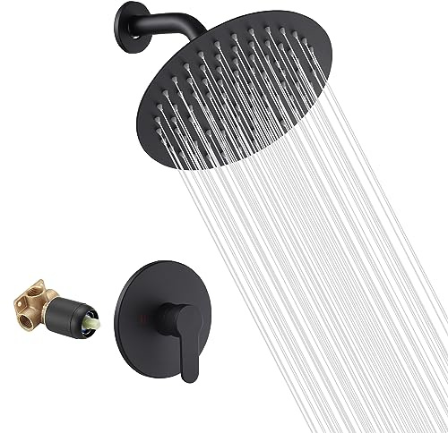 Matte Black Shower Faucet GGStudy Single Function Shower Trim Kit with Rough-in Valve Shower Set Bath Rainfall Shower Faucet System 8inch Round Stainless Steel Metal Shower Head