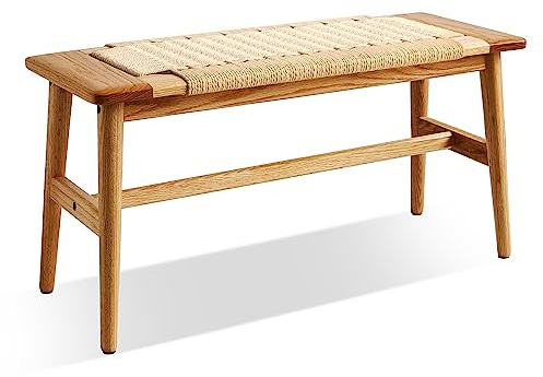 Grewood Wood Dining Bench,100% Natural Solid Oak with Rattan Design, Rounded Edge, Entryway Bench for Dining,Bedroom, Living Room (Beige Color, 31.49 inch)