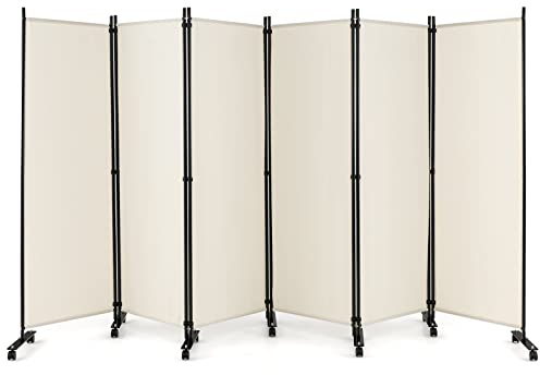COSTWAY Paravento da Interno in Metallo, Separé Divisorio Interno Pieghevole con Piedini Stabili, Pannelli Divisori per Interni per Casa e Ufficio (Beige, 334,5 x 172 cm (6 Pannelli con ruote))