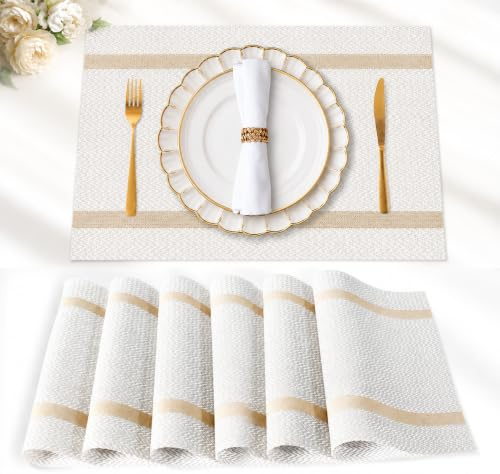 FAVE 6er Set Vinyl Platzset mit Goldfäden, Weiß, 30 x 45 cm | Hitzebeständig, leicht zu reinigen, elegante Tischdeko, Abwaschbar & wasserfeste Platzsets für Bankette, Feiern Restaurants