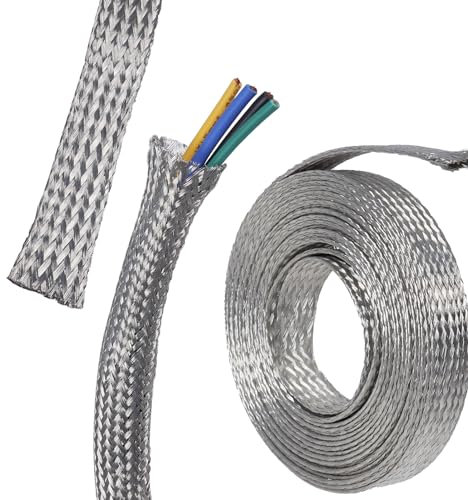 FOURUB Flat Tinned Copper Wires Shielding Sleeving,Wire Cable Braided Sleeve Shield Metal Ground Straps EMI/RFI Mesh Protect (1/2-16ft, Silver)