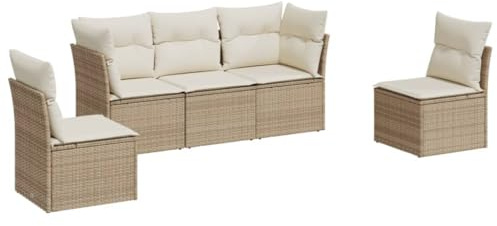 vidaXL Garten Sofa Garnitur 5-TLG., Gartenmöbel Set mit Kissen Stauraum, Sitzgruppe für Garten Terrasse, Modular Gartensofa Lounge, Beige Poly Rattan
