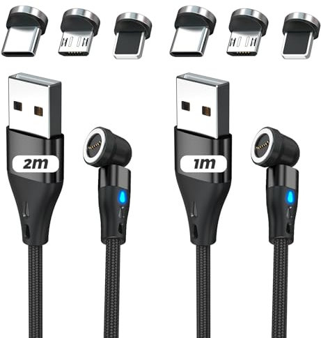 Wonvify Cable 360° Chargeur Rapide Ultra Magnétique, [1M+2M] 3 en 1 Câble USB C Embout Chargeur Aimanté Universel, pour Micro USB/Type C/Linght-ing, pour i-phone Samsung Xiaomi