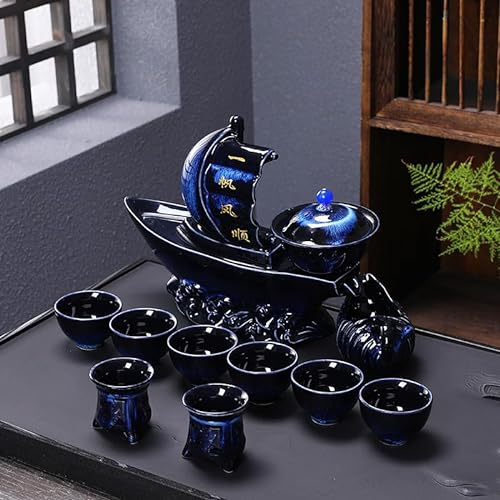 fanquare Set da Tè Semiautomatico Tazza da Tè Teiera Pigra da Kungfu Cinese con Barca a Vela Blu 11 Pezzi Servizio da Tè in Porcellana per Adulti