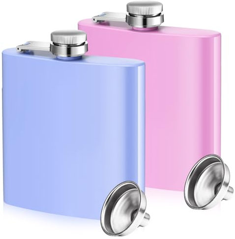 Meanplan 2 Pack 6 oz Flasks for Women Hip Flask Liquor Matte Flask with Funnel Leakproof Stainless Steel Whiskey Pocket for Alcohol Drink Wine Christmas Valentine Wedding Gift(Pink, Purple)