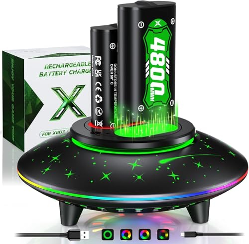 Batteria per Xbox One/Xbox Series X/S,6 Modalità LED RGB Colorful Stazione, 2 * 4800mWh Batteria per Xbox Series X/S/Xbox One/One S/X/One Elite Controller