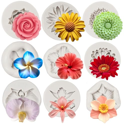MYPRACS Flores Fondant Moldes Orquídea Rosa Crisantemo Plumeria Flor de Hibisco Molde de Silicona para Glaseado Decoración de Pasteles Cupcake Topper Chocolate Dulces Polímero Arcilla Flores Pastas de