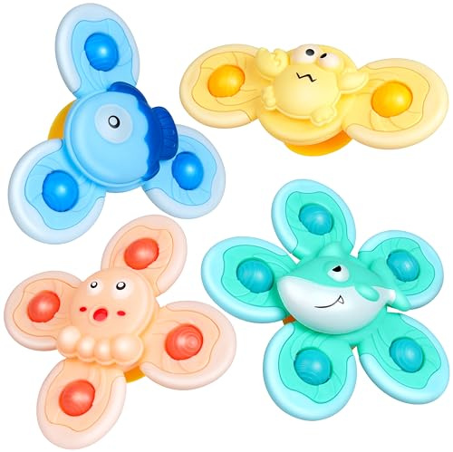 Baby-Badewannen-Spielzeug mit Saugnapf, drehendes Spielzeug für Fenster, Flugzeug, Autoreisen, Hochstuhl, Weihnachtsgeburtstagsgeschenke für Kleinkinder, 4 Stück
