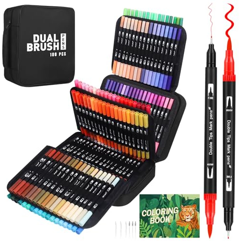 Sonlaryin Rotuladores Lettering 180 Colores, Doble Punta Brush Pen Kit con Libro Colorear, Rotuladore Punta Pincel Fina para Adultos Graffiti, Mandalas, Caligrafía, Dibujo, Mandalas