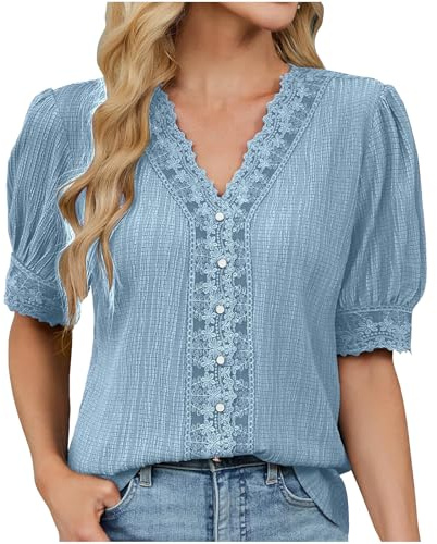NZYIHAO Chemisier en dentelle pour femme - Style bohème - Col en V - Avec boutons - Haut d'été - Manches courtes - En dentelle - Léger - Décontracté - Couleur unie - Tunique pour femme - T-shirt long,