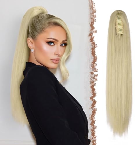 FESHFEN Langer Pferdeschwanz Haarteil - Glatte Aschblond Zopf Extensions mit Klammer Synthetik Haarverlängerung Claw Clip in Ponytail Haare Extension für Damen, 63 cm