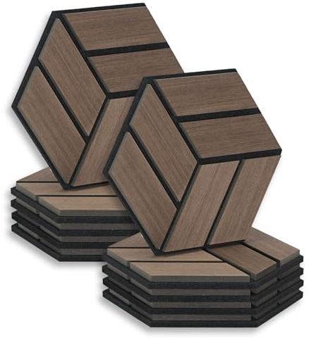 Homestyle4u Lot de 10 panneaux acoustiques hexagonaux - 30 x 26 x 2 cm - Marron - Traitement acoustique - Décoration murale