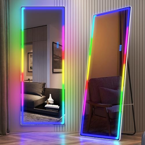 LVSOMT RGB Espejo de pie Cuerpo Entero, 153x50cm Espejo de Cuerpo Entero con luz LED, Espejos Grande de Pared Rectángulos, Moderno Espejos Vestidor Dormitorio, 7 Colores+7 Modos Luces Colores, Blanco
