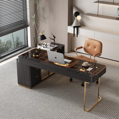 Lartis 180 cm Luxus-Schreibtisch, Computertisch, L-förmiger Chefschreibtisch, integrierte Steckdosen, Tischplatte aus transparentem Hartglas, ausgestattet mit zwei Aktenschränken, einfach zu montieren