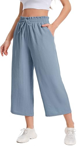 WUWUSKY Pantalón Capri Culotte para Mujer Verano Cintura Alta Tela Transpirable y Ligera con Bolsillos Estilo Casual, Azul Gris, XL