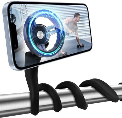 Flexibel Handyhalterung für Magsafe für Fitness im Fitnessstudio, Schwanenhals-Handyhalterung Magnetisch Handy Fahrradhalterung für Fitnessgeräte, Kinderwagen, Einkaufswagen, Heimtrainer (schwarz)