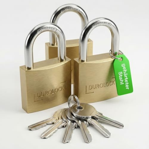 DUROLOCK Vorhängeschloss gleichschließend, 3 Schlösser inkl. 6 Ersatzschlüssel - gehärteter Stahl, Spindschloss für Fitnessstudio, Kellerschloss, Gartenhaus Schloss mit Schlüssel, wetterfest, 3er Set
