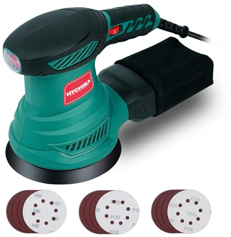 HYCHIKA Lijadora Orbital, 300W Motor Cobre Puro, 6 Velocidades 6000-13000 OPM, Bajo Ruido, Bolsa de Polvo Extraíble, Incluye 12 Discos de Lijado para Madera, Suelos y Pintura