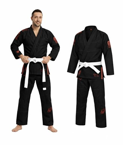 X RAGE Lion King Lightweight BJJ Gi – 400GSM Pearl Weave Brazilian Jiu Jitsu Kimono – Black BJJ Suit with 8oz Twill Pants – Unisex BJJ Uniform for Men & Women, Training & Competition (A4)