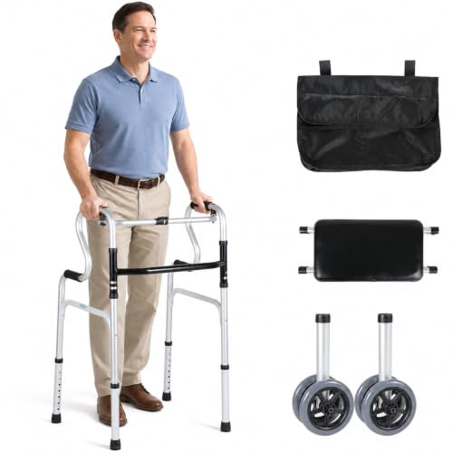 ISOISL promenadstöd för vuxna, vikbar gångram, dubbla hjul | Aluminiumram, vardag och rådjur, seniorer, lastkapacitet 180 kg, höjd 76–90 cm, stabilt vikbar, sittdyna och väska