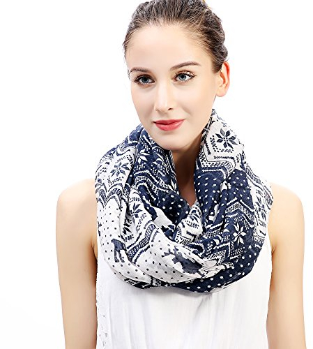 Lina & Lily Damen Loop Schal mit Weihnachts-Muster (Blau Weiß, Nordisches Rentier Schneeflocke)