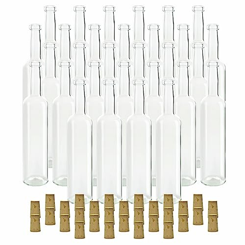 gouveo 30er Set Glasflaschen Bordeaux 500 ml (0,50 l) Glasflasche 500 ml Bordeaux Korkverschluss mit Spitzkorken, leere Klarglasflasche zum Abfüllen von Likör, Öl & Essig, Sirup, Saft (SK)
