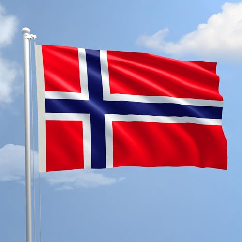 Bandiera Norvegia 100 x 150 cm in Poliestere Nautico Ignifugo 115 g/mq per Uso Interno ed Esterno con Finiture Professionali, Doppie Cuciture, Corda e Guaina, Colori Brillanti e Duraturi