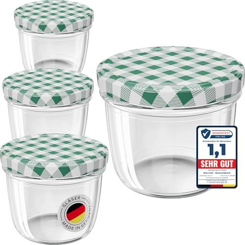 WELLGRO 200x Einmachgläser mit Schraubdeckel - 230 ml, 8,5 x 6,5 cm (ØxH), Glas/Metall, grün karierte Deckel To 82, Gläser Made in Germany
