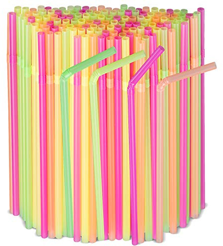 [500 Pack] Neon Colored Flexible Plastic Drinking Straws Disposable Straw 8'' inches Tall Assorted Colors
