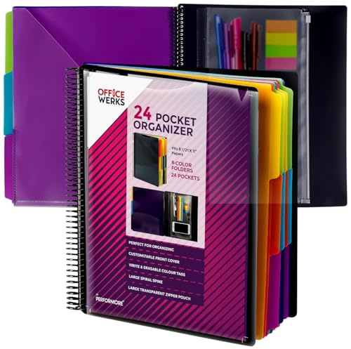 Performore 24 Pocket Spiral Project Organizer with 12 Dividers, Fits 8.5 X 11 Letter Size Papers Folder with Dividers, Front and Back Customizable Covers, Erasable Write On Tabs for Documents Files
