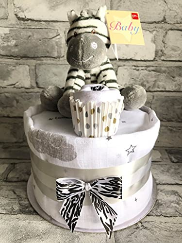 Baby Nappy Cake Unisex Zebra Grey & White Gift Wrapped with Bow and tag