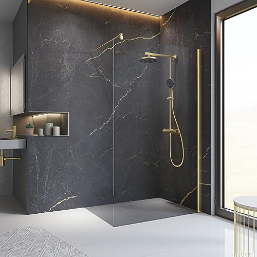 Schulte paroi douche italienne 120x200 or mat barre 122 cm réversible | verre trempé 6 mm anti-calcaire, réglage 118.0-120.5, barre recoupable