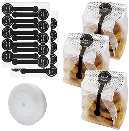 YankMooM Cookie Wrapping Bags, 200 Pcs Translucent Plastic Candy Bags Food gift bags with 200pcs Stickers and 1 Roll Ribbon for Candy Cookie Chocolates Popcorn Bakery Birthday Wedding Party