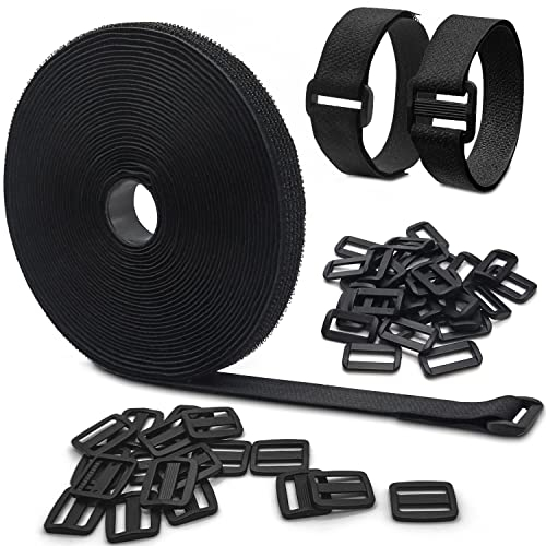 Fascette a Strappo Da 10 M 50 Fibbie, Fascetta per Cavi a Lunghezza Libera 2 cm Di Larghezza, Hook and Loop Strap,Riutilizzabili Fettuccia Nylon Nero per Casa, Ufficio e Giardino