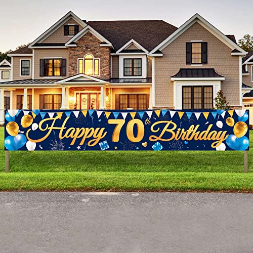 Banner 70 Geburtstag Mann, Blau Gold Happy 70th Birthday Banner Deko, Banner Alles Gute zum Geburtstag 70 Jahre, 300x50cm Extra Lange Hof Zeichen Poster Hintergrund für Geburtstag Party Dekoration