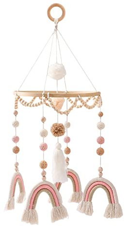 Mobile Baby Regenbogen Windspiele, Babybett Mobile Baby Holz mit Filzbällen Babyzimmer Hängende Bettglocke, Kinderbett Windspiele für Mädchen und Jungen (A)