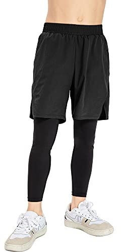 NCTCITY Enfant Garçon Short de Course avec Legging de Compression 2 en 1 Short Sport Séchage Rapide Respirant Pantalon Court avec Collants Base Layer pour Exercice Entranement Fitness Basket