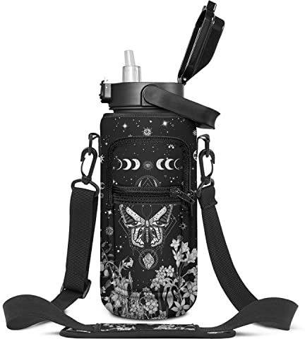 Goth Moon Wasserflasche mit Hülle, Flip-Top, BPA-frei, mit Zeitmarkierung, auslaufsicherer Wasserkrug, motivierend für Halloween, gruselige Geschenke für Frauen