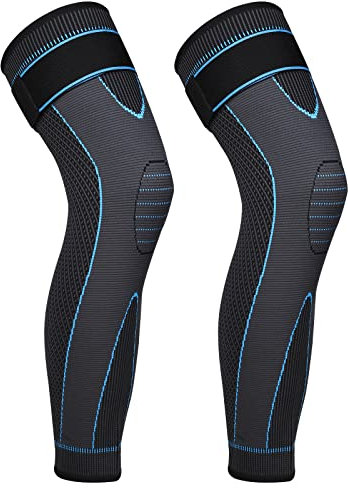 Yasdyri Full Leg Compression Sleeves with Adjustable Long Knee Support for Men and Woman Elastic Long Knee Brace for Arthritis, Tendonitis, Meniscus Tear, ACL, Basketball, Cycling 2 Pack (Blue, L)