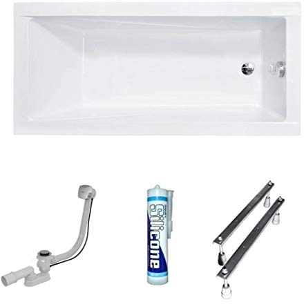 ECOLAM® Badewanne Wanne Rechteck Modern 170x70 cm Design Acryl weiß + Ablaufgarnitur Ab- und Überlauf Automatik Füße Silikon, Rechteckbadewanne mit antibakterieller Beschichtung