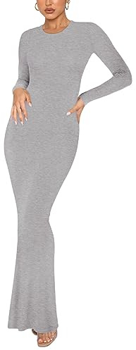 REORIA Women's Sexy Crew Neck Lounge Long Dress Elegant Long Sleeve Ribbed Bodycon Maxi Dresses