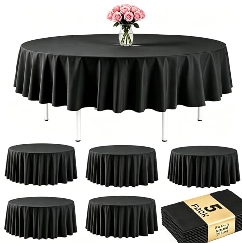 PLULON 5 Stück runde Kunststoff-Tischdecken, Schwarze Tischdecke, 213,4 cm, wasserdichte, runde Tischdecke, Großpackung für Geburtstagsfeier, Hochzeit, Picknick, Zuhause, Esstischdekorationen