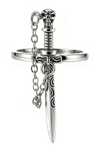 Wendalern Gothic Totenkopf Schwert Ringe Abnehmbarer Ring mit Kette Punk Silber Vintage Index Cooler Ring Y2k Schmuck für Frauen Männer