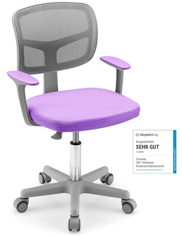 COSTWAY 360° Vridbar Barnskrivbordsstol Lila – Justerbar Höjd 80–91,5 cm med Ryggstöd, Armstöd och 5 Hjulför Barn 3–10 år