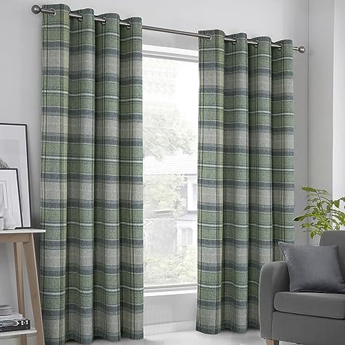 always4u 100% Blickdichter Vorhang Karierte Gardinen mit Ösen, Wärmeisolierende Verdunkelungsvorhänge für Schlafzimmer Wohnzimmer und Kinderzimmer, B140xH175cm 2er Set,Graugrün Modern
