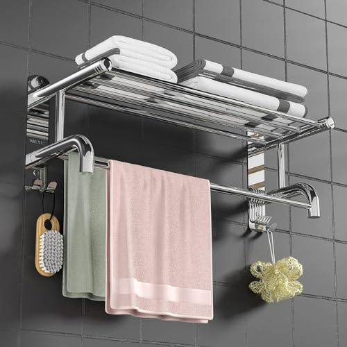 RSDHFLY Dehnbare 38.8-68.5CM Handtuchstange für Badezimmer WC Handtuchhalter Handtuchregal mit 2 Handtuchstangen Wandhalterung, Edelstahl 304 Polierte Handtuchstange mit Regal