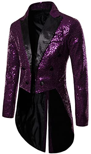 Alaurbeauty Giacca da uomo con paillettes smoking frack slim fit frack abito cappotto coda di rondine cena festa matrimonio blazer tuta giacca, Lilla, M
